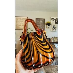 Mid 20th Century Hand Blown Art Glass Brown Black Animal print Applied Handle